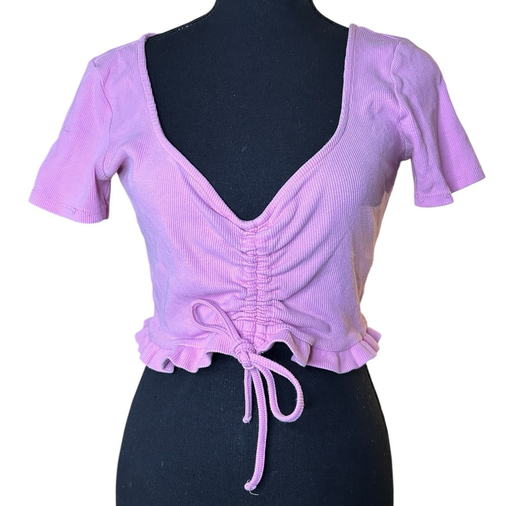 Coquette Cotton Cute Pink Ruffled Ruched Ribbed Waist Front Tie Romantic Blouse